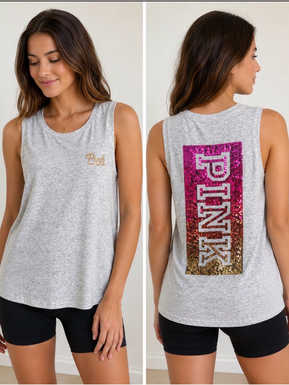 PINK Victoria's Secret Heather Gray Tank with Pink-to-Gold Sequin Back Logo